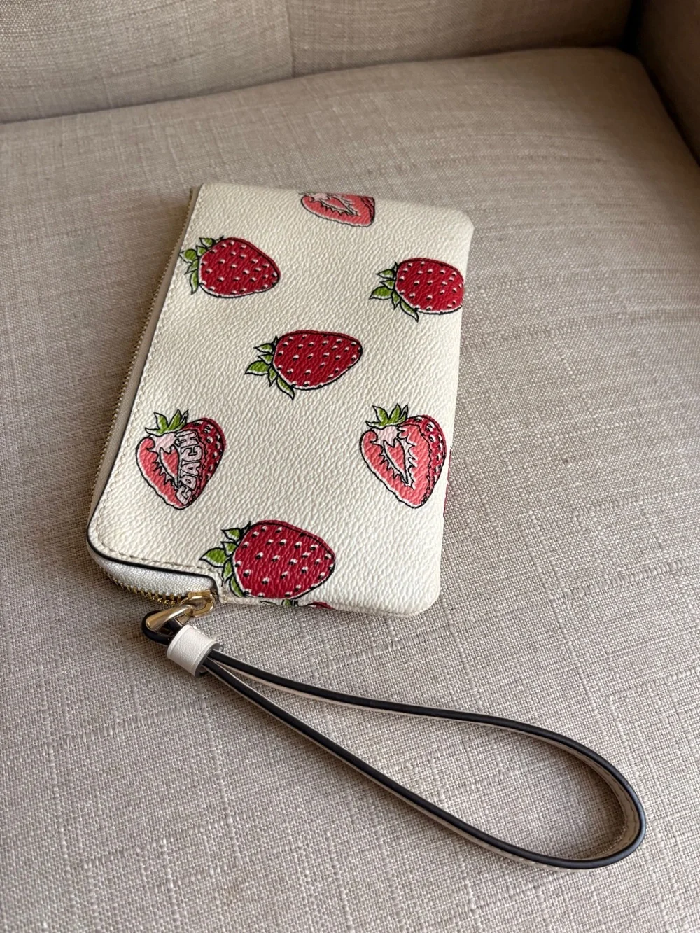 Coach White Strawberry Print Wristlet with Red and Green Accents